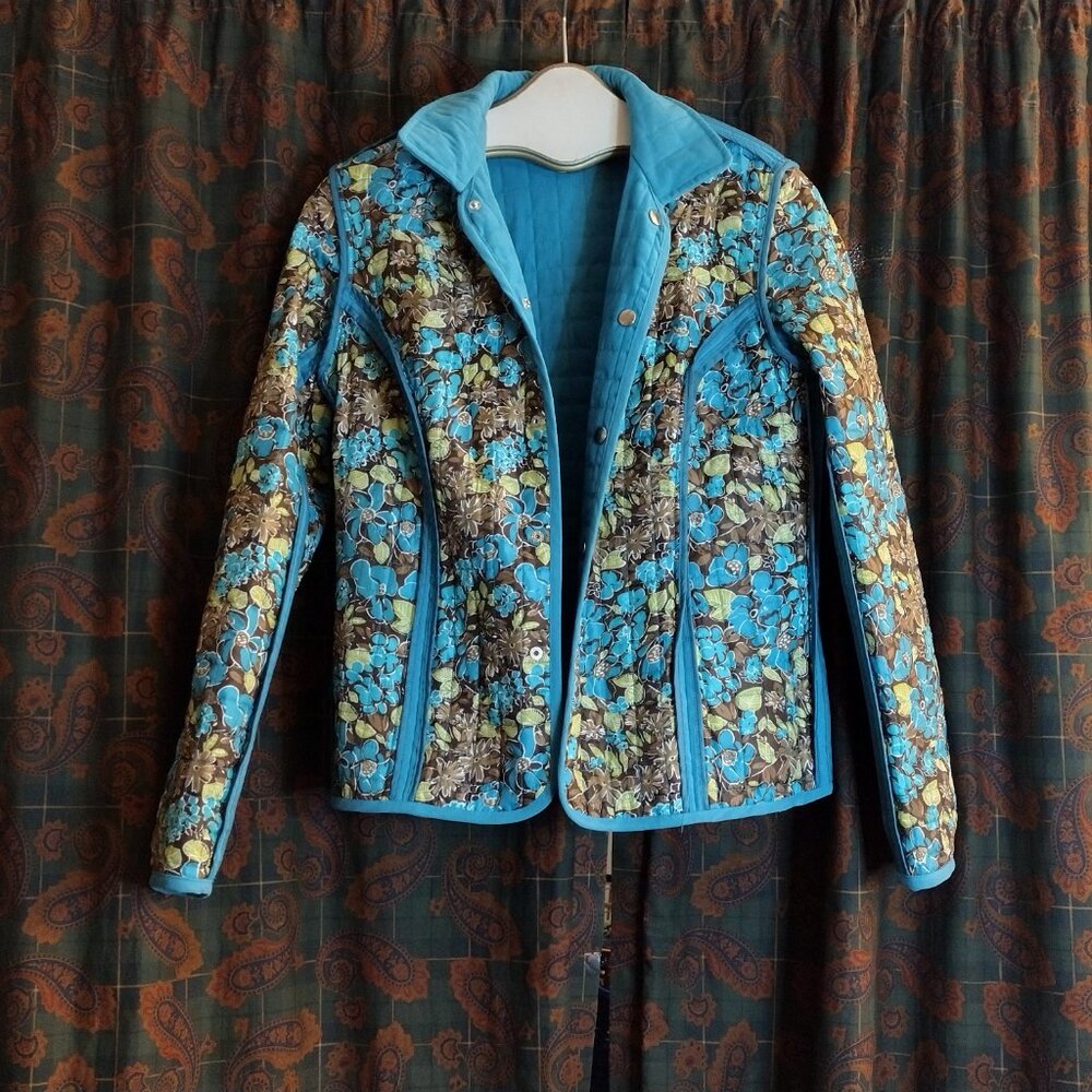 BRIGGS NY | Turquoise Quilted Women Jacket With Floral Print Inside Size 8